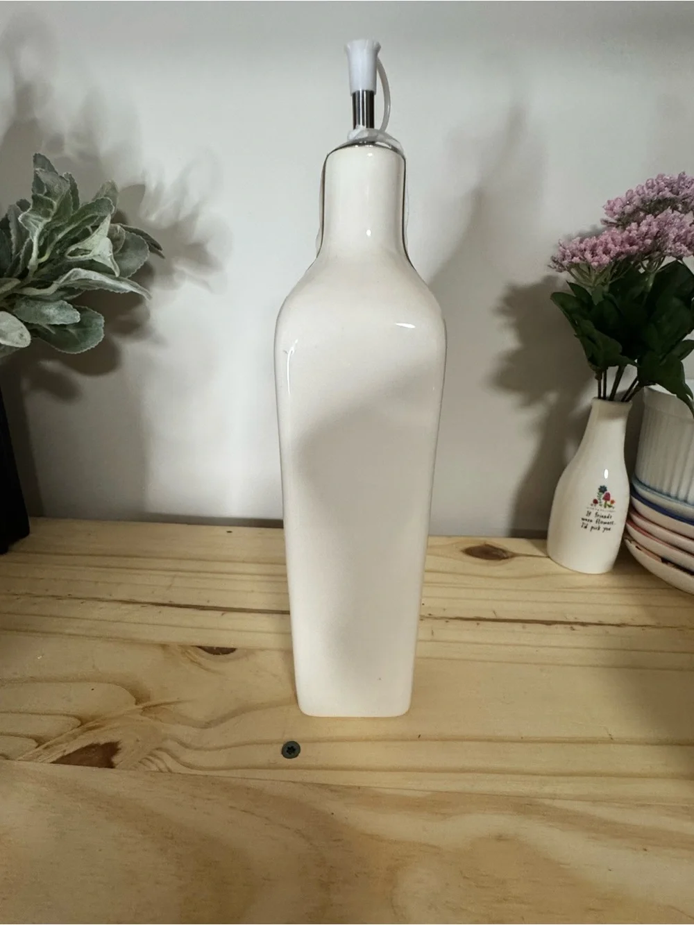 Ceramic Olive Oil Bottle with Pour Spout - White